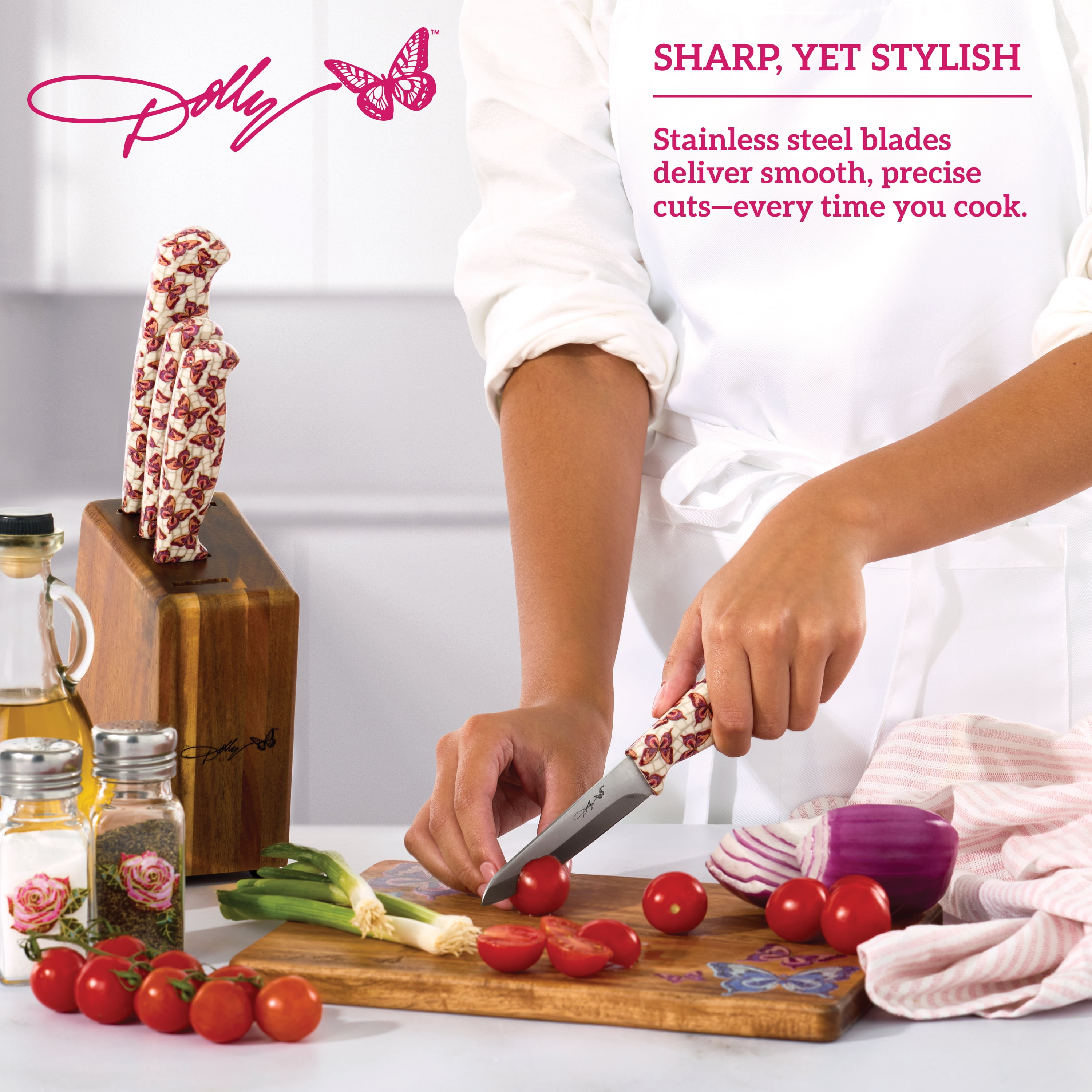 Dolly Parton 5-Piece Pink Cutlery Block Set with Essential Kitchen Knives
