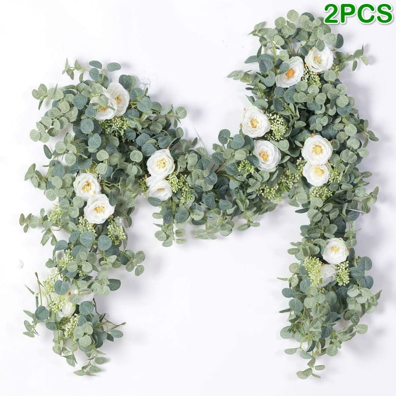 Willstar 1/2PCS 2 Colors 1.8M Artificial Eucalyptus Garland with Champagne  Roses Greenery Garland Eucalyptus Leaves Wedding Backdrop Wall Decor 