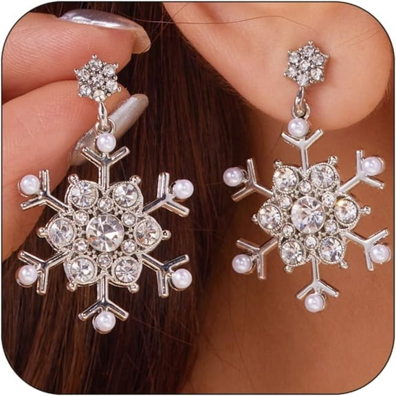 Snowflake Earrings for Women - Silver Rhinestone Drop Earrings, Pearl Winter Jewelry, Christmas Holiday Earrings