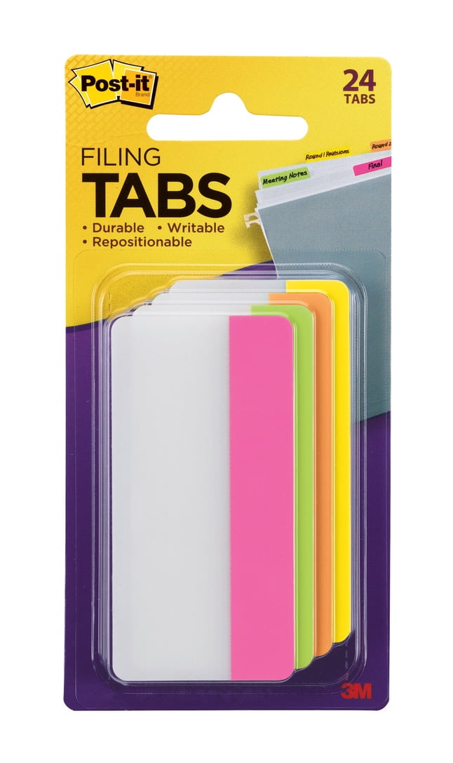 Post-it Filing Tabs, 3' x 1.5', Assorted Bright Colors, 6 Tabs/Dispenser, 4 Dispensers/Pack