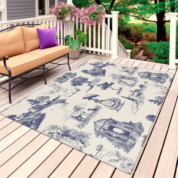 Farmhouse Country Outdoor Rug 3x5 Ft, Non Slip Washable Area Rug, Vintage Blue French Garden Horse Swan Patio Rugs Carpet Runner, Large Floor Mat for Indoor/Outdoor Deck Porch Camping