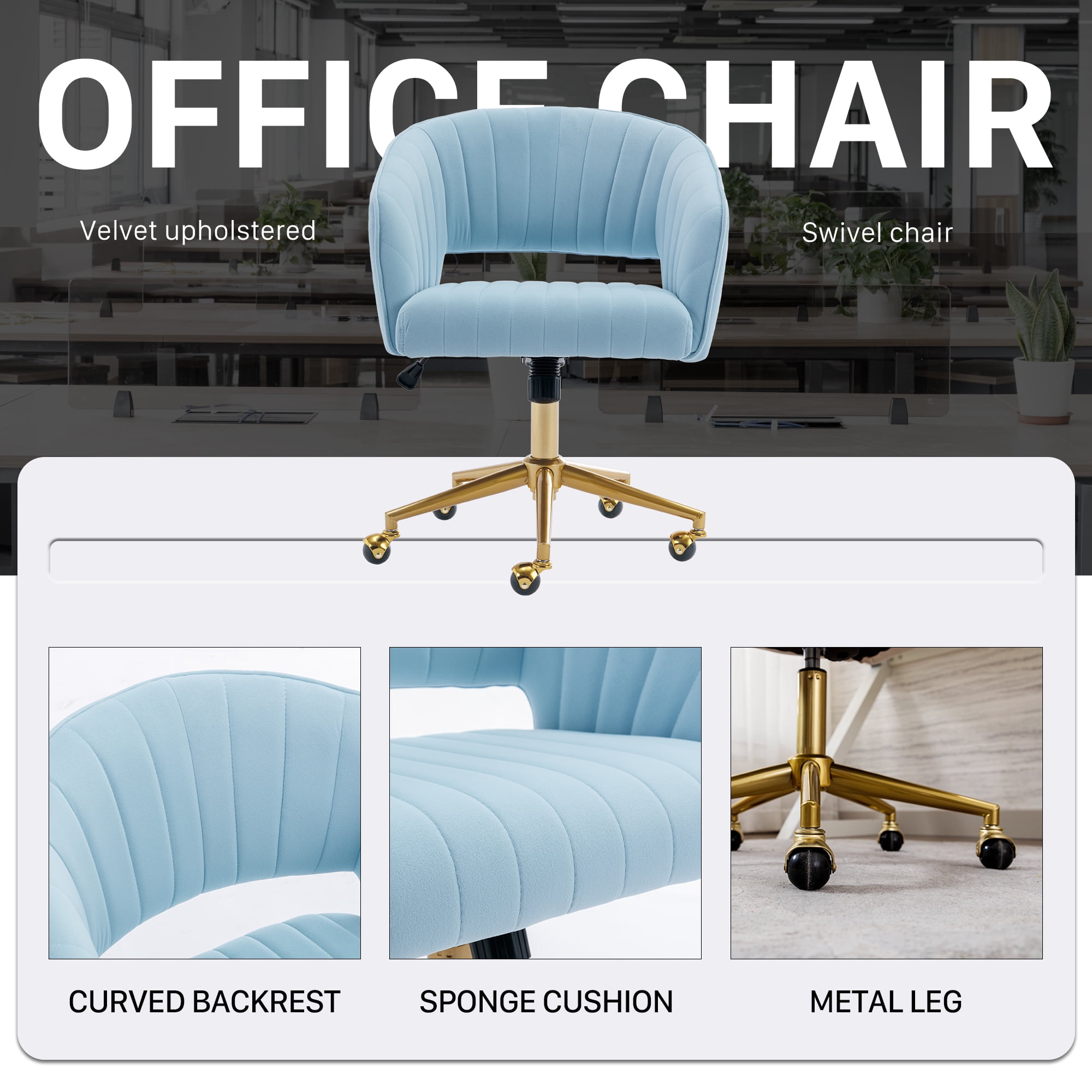 KCC Velvet Office Chair for Women, Swivel Vanity Desk Chair with Gold Base and Wheels, Adjustable Upholstered Chair for Bedroom, Makeup Room and Home Office, Blue