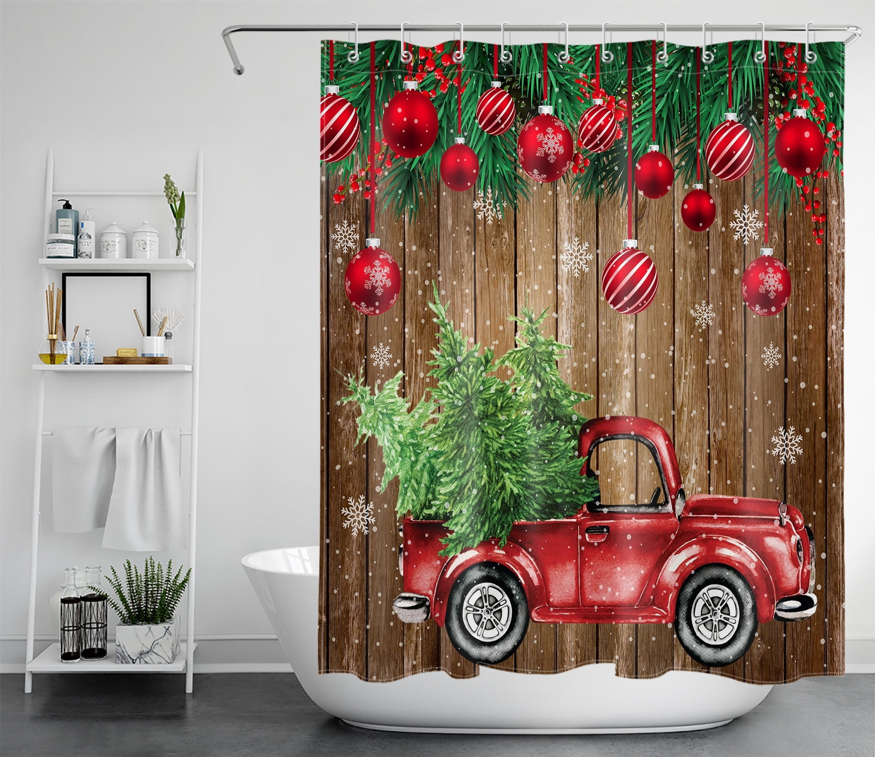 Details about   Xmas Tree Dog on Rustic Red Truck Wood Boards Shower Curtain Set Bathroom Decor 