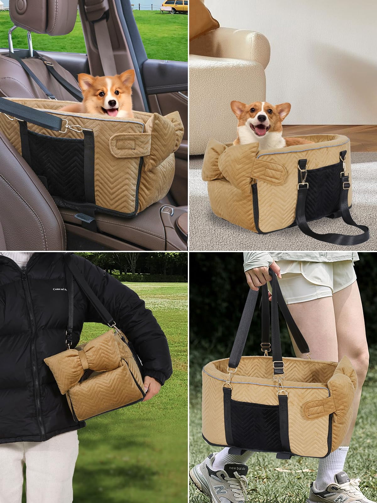 Small Dog Car Seat  Portable With Soft Washable Cushion Center Console For Dogs Up To 13lbs(brown)