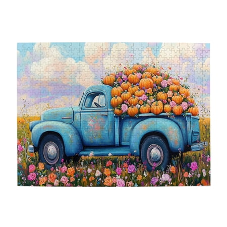 500 PCS Garden Pumpkins Truck 500 Piece Puzzle For Adults Challenging Brain Exercise Vibrant Colors Funny Truck Wooden Jigsaw Puzzles Puzzles Suitable For Entertaining With Family During Holidays