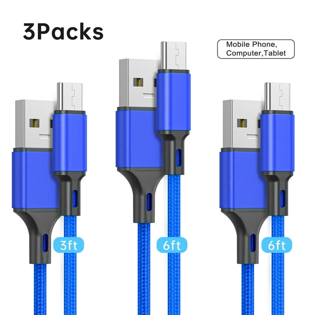 Cshidworld USB Cable de Carga C, Paquete de 3 Cables de 3/6/6 Pies de Largo, Cable de Carga de Nylon Premium Compatible con iPhone 15 Samsung Galaxy Note 10/10+ Plus/9/8, S20 S10 S9 S8 Plus, (Azul)