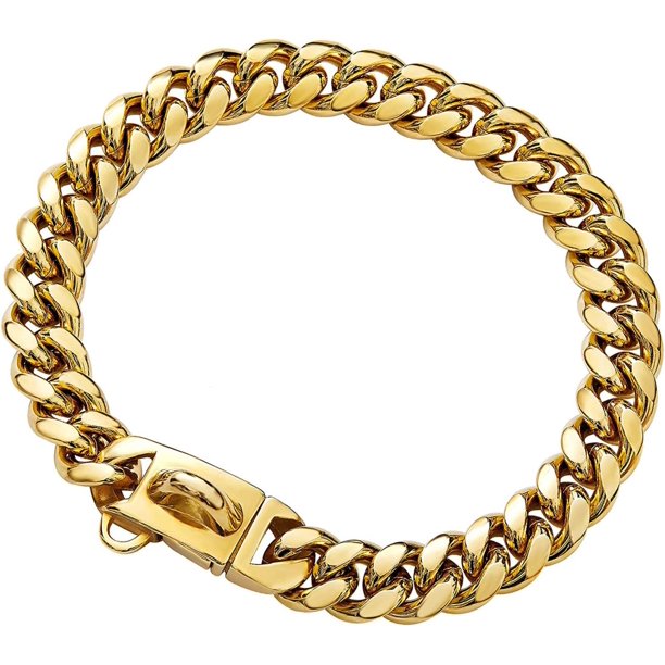 Collar de cadena para perro dorado con hebilla segura con piedras de circonita cúbica heladas Cadena de eslabones cubanos de acero inoxidable de metal de 33 quilates Collar de cadena de entrenamiento