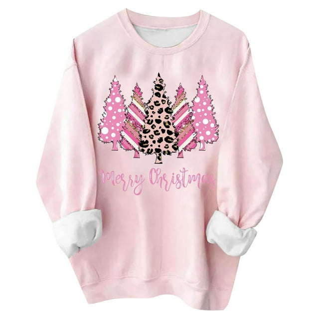 WEAIXIMIUNG Sweatshirt Women Trendy Women's Christmas Print Sweatshirt Santa and Tree Design Crew Neck Apparel
