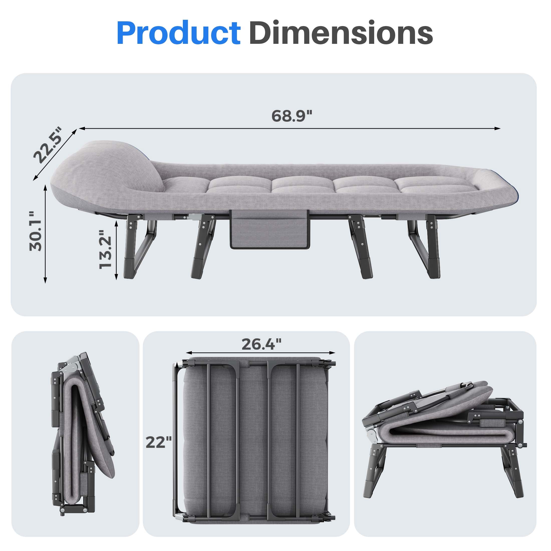 JIOABL Folding Camping Cot for Adults with Headrest & Mattress, 71 Inch Portable Sleeping Bed for Camping, Travel, Gray
