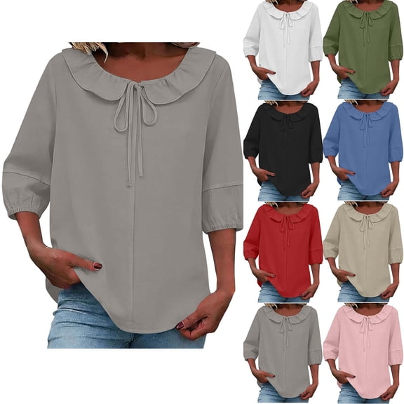 Feancey 3/4 Sleeve Linen Tops for Women Lace Up Babydoll Collar Blouse Summer Casual Loose T-Shirts Boho Lightweight Gauze Blouses Cute Tees Light Blue XXL