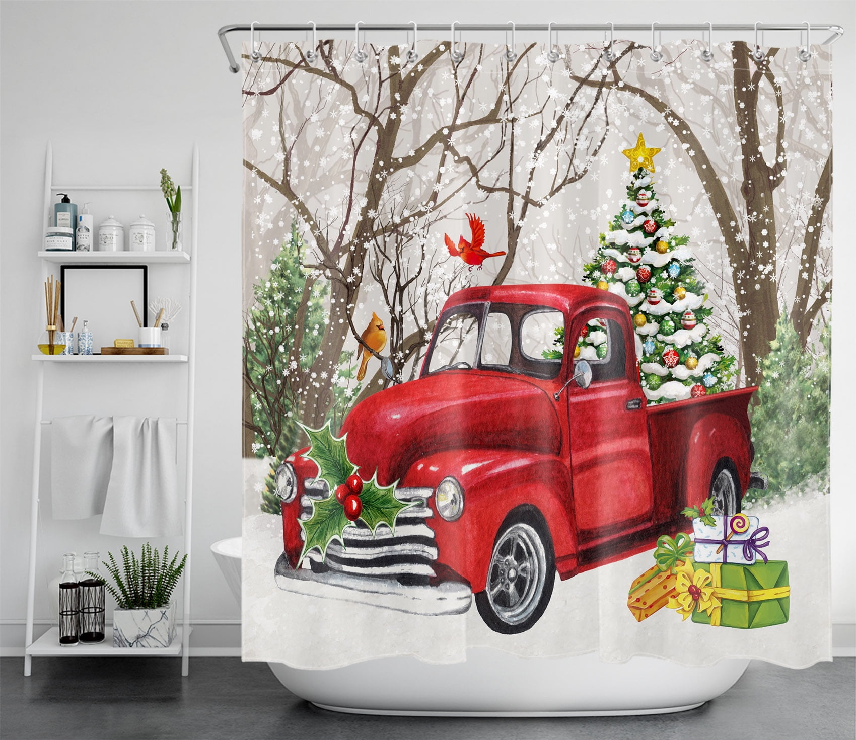 Watercolor Christmas Tree Red Truck Brick Wall Shower Curtain Set Bathroom Decor 
