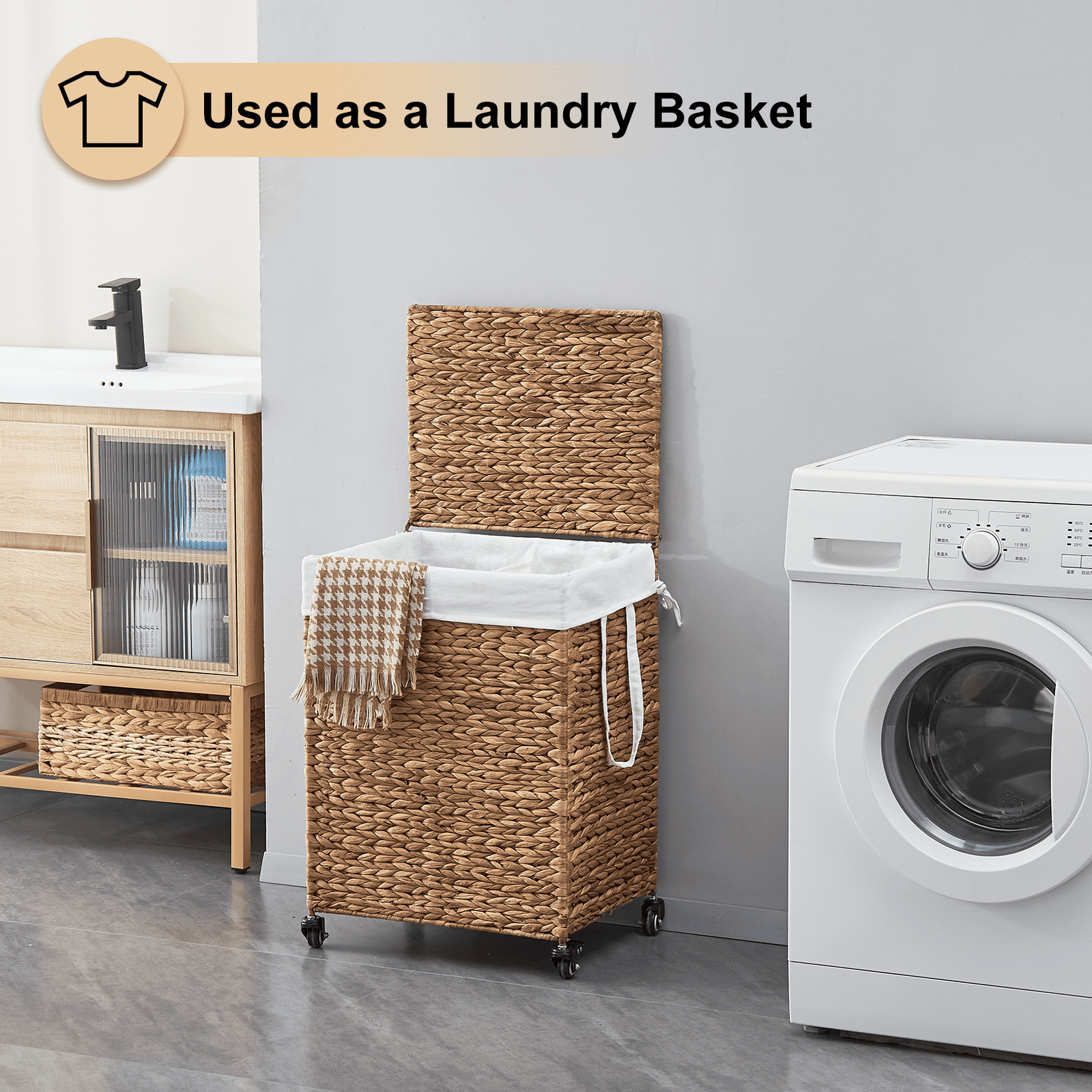 100L 2-Section Laundry Hamper with Lid and Wheels, Woven Natural Water Hyacinth
