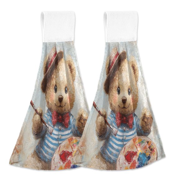 BZSMCE Hanging Hand Towels Fashion Bear Artist Pattern 2-Pack - Velcro Style Bathroom Kitchen Towels