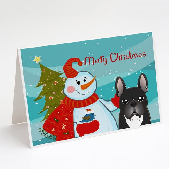Snowman with French Bulldog Greeting Cards and Envelopes Pack of 8