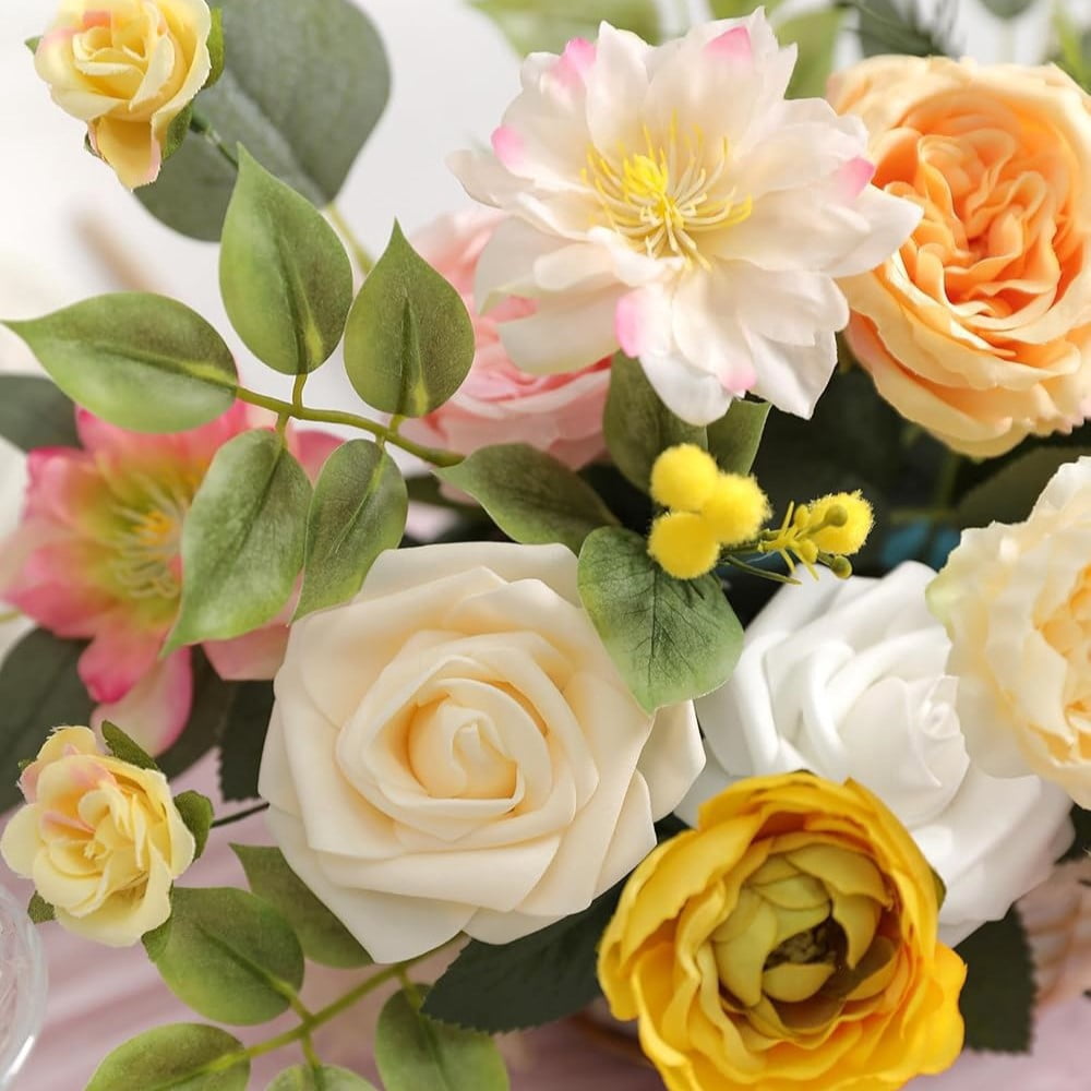 Tivamiko DIY Artificial Flower Set for Wedding Bouquets, Multi-Color Silk Fake Flowers for Home Decor, Parties, and Floral Arrangements(Yellow Series)