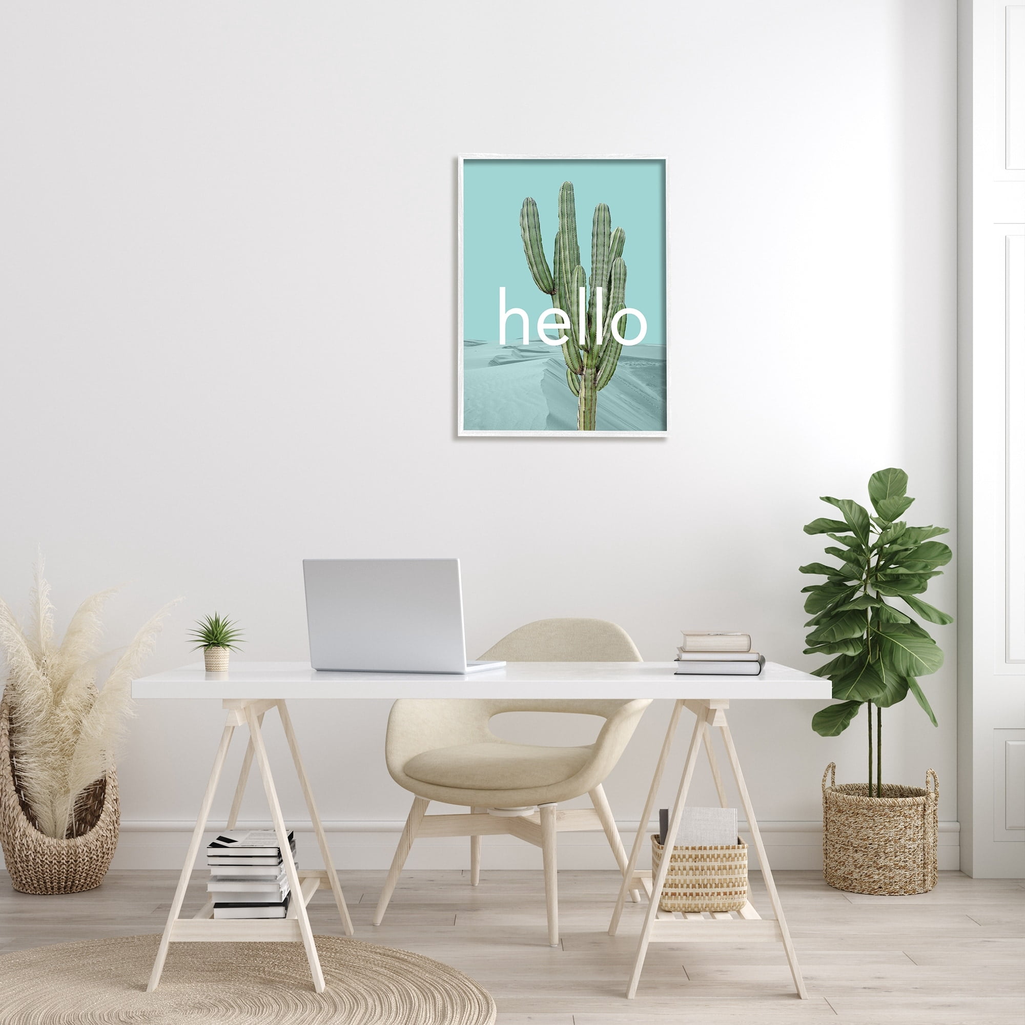 Stupell Industries Bold Hello Cactus Greeting Blue Desert Dunes Graphic Art White Framed Art Print Wall Art, Design by J. Weiss