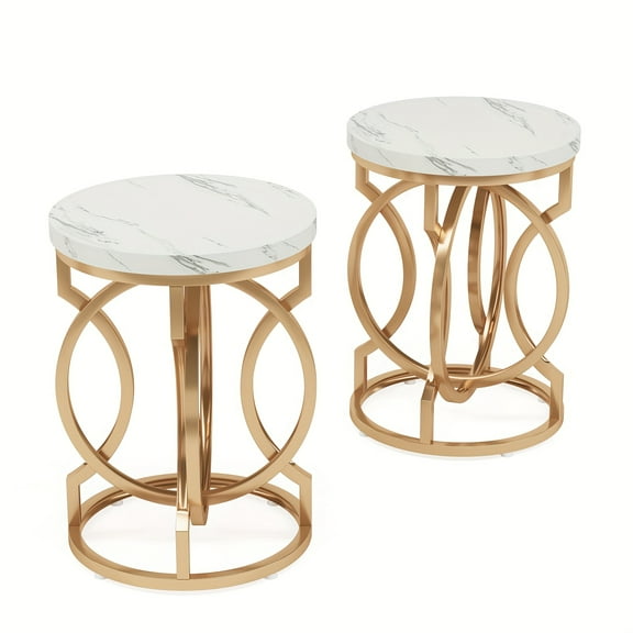 Modern Light Luxury Round Marble Side Table With Golden Geometric Metal Frame Design, Featuring A Fashionable And Elegant Texture, Suitable For Living Room And Bedroom.