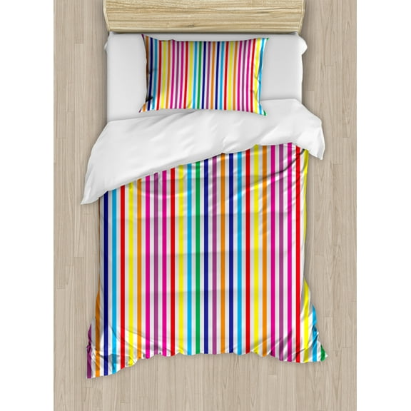 Colorful Twin Size Duvet Cover Set, Vibrant Rainbow Colored Vertical Stripes Pattern on White Background Illustration, Decorative 2 Piece Bedding Set with 1 Pillow Sham, Multicolor, by Ambesonne