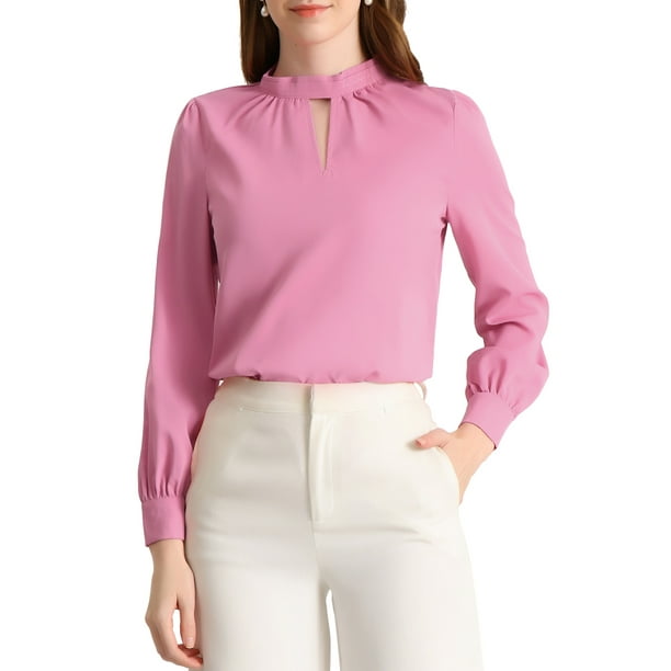 Blusa de botón con cuello de pie y pliegues para mujer INSPIRE CHIC XL Rosa Pink