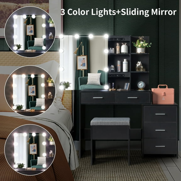 Ktaxon Vanity Set with 3 Color Lighted Mirror, Makeup Table with 3 Storage Shelves & Drawers, Dressing Table Makeup Desk with Stool,Black