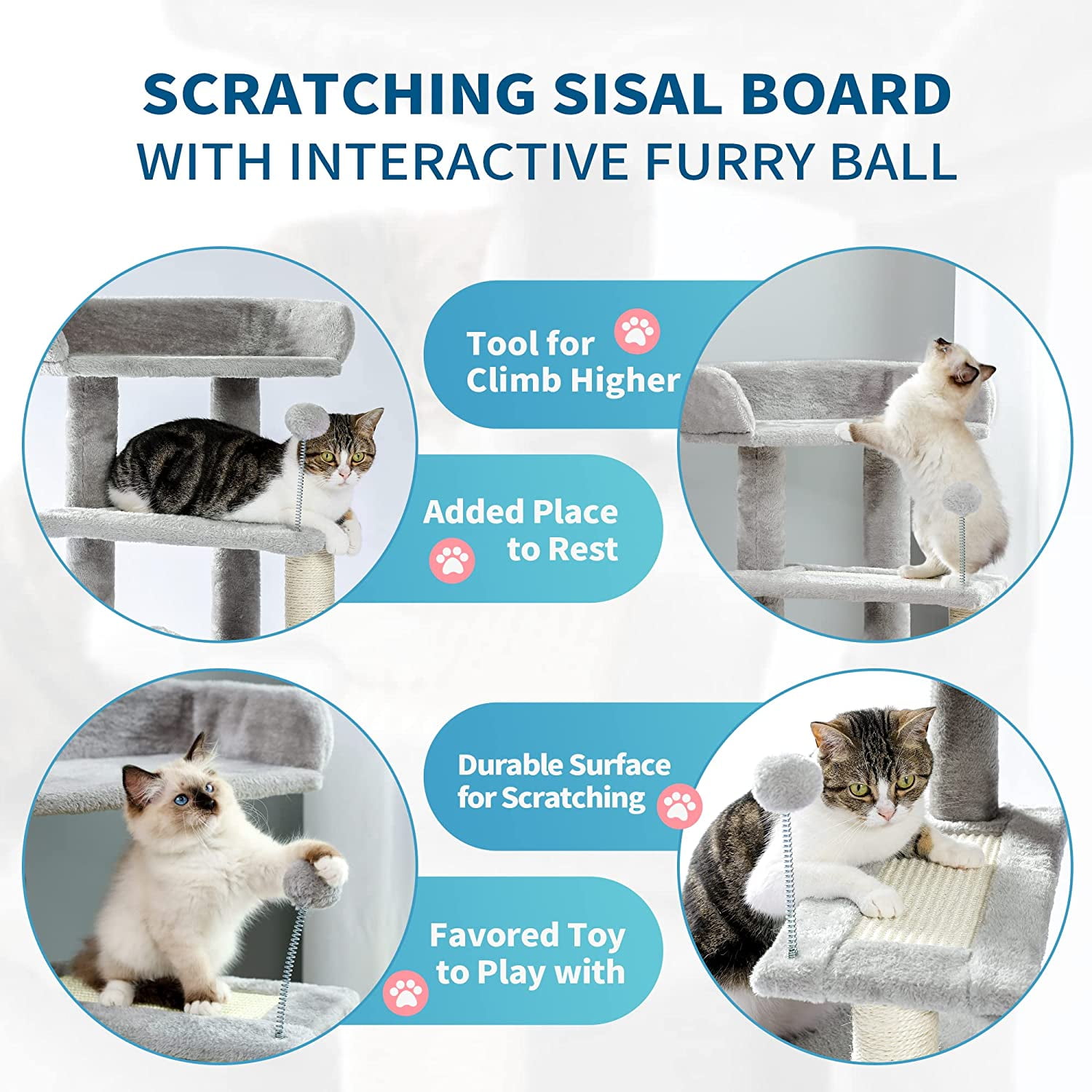 Made4Pets 3-Level Cat Tree with 2-Door Condo, Scratching Posts, Toy Ball, and Top Bed, Gray