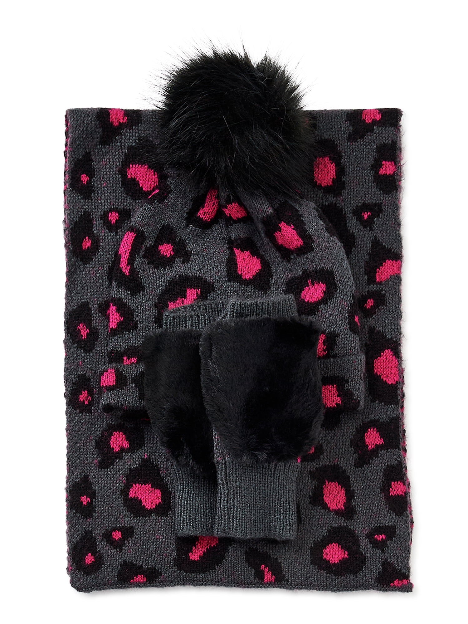 Scoop Adult Female Glam Faux Mohair Cheetah Beanie, Flip Top Mittens & Scarf