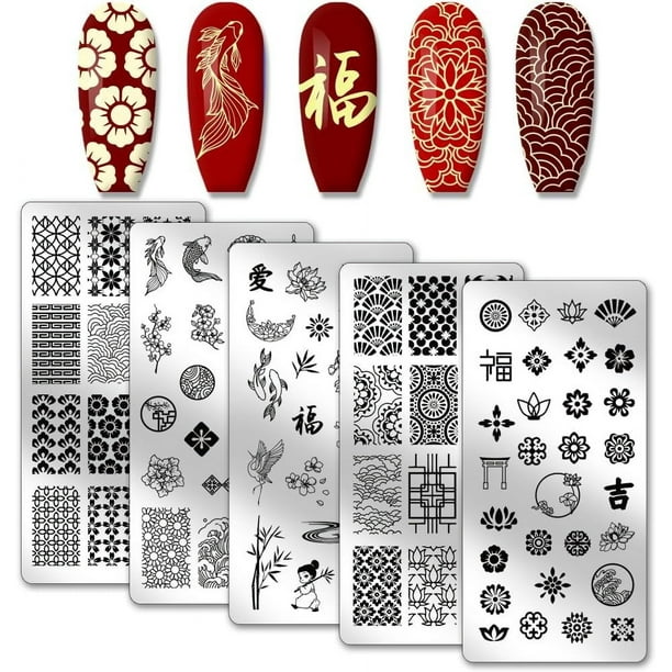 5 placas de estampado de uñas de estilo chino tradicional con palabras de la suerte, estampado de uñas con forma de panda y flor. Plantillas de arte de uñas con textura de acero inoxidable.