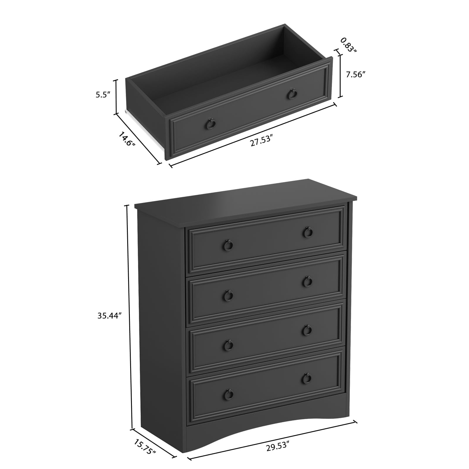 Black 4 Drawer Dresser for Bedroom, Vertical Chest Of Drawers Wood Storage Cabinet for Living Room