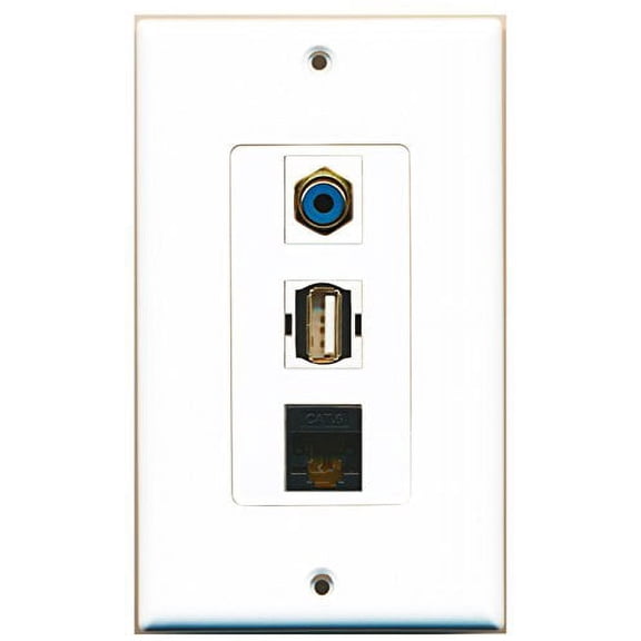 RiteAV - 1 Port RCA Blue and 1 Port USB A-A and 1 Port Cat6 Ethernet Black Decorative Wall Plate Decorative