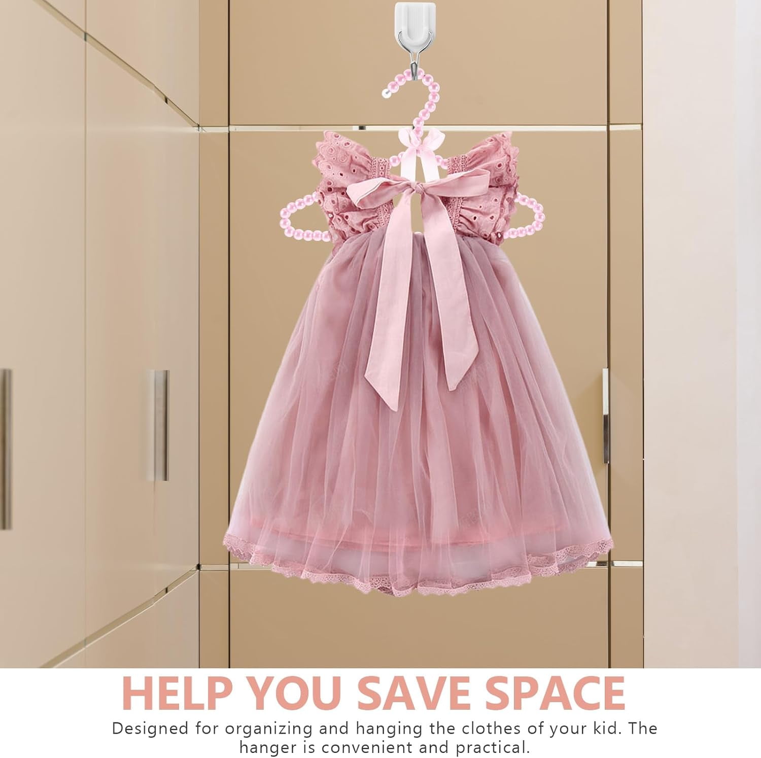 IULAVP 2 Pack Pearl Beaded Hangers for Kids, 11.8 x 7.5 Inch Plastic Baby Clothes Hangers with Bow, Non Slip Toddler Nursery Closet Organizer for Girl Dress, Dog Pet Apparel (Pink)