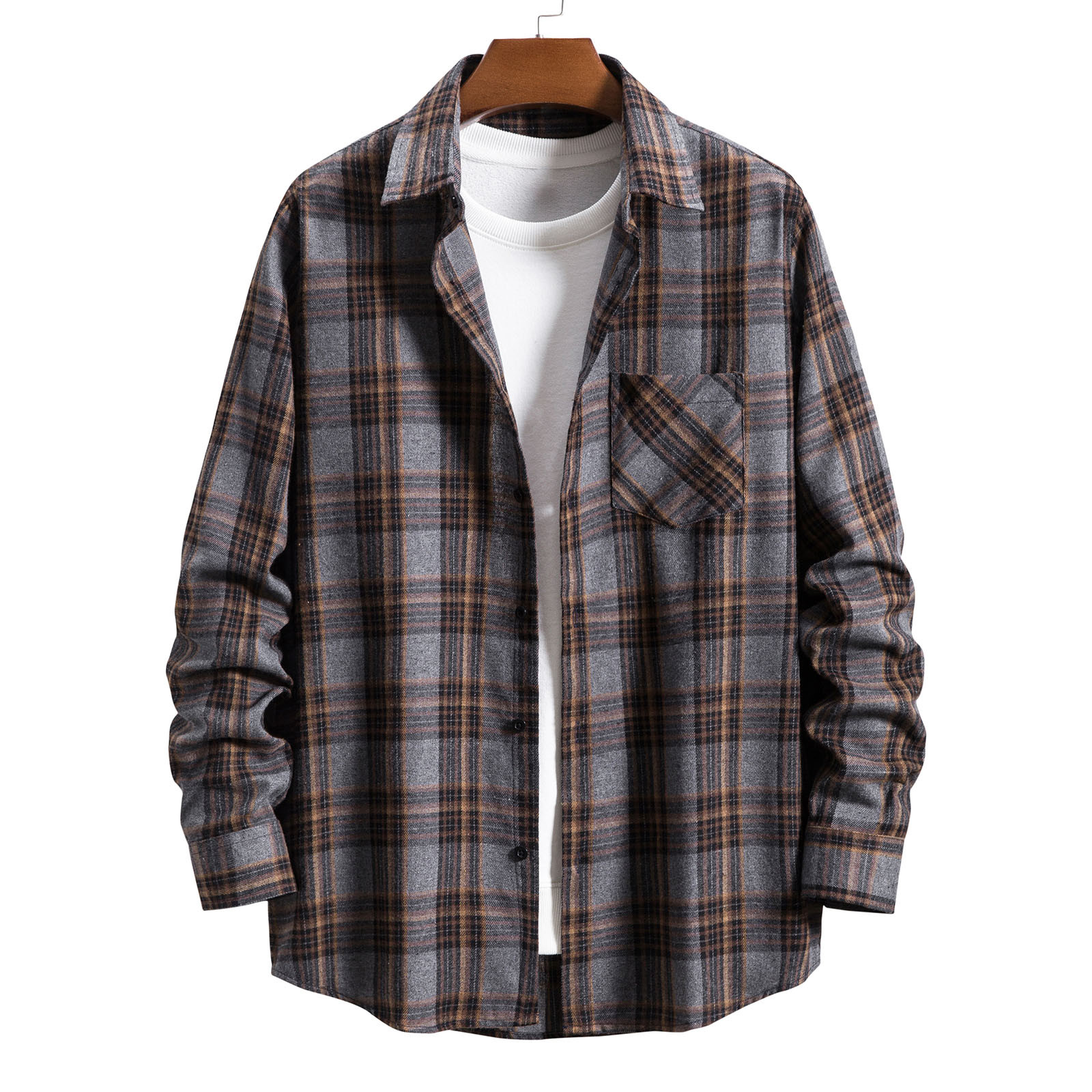 Mens Spring Plaid Shirt Long-sleeved 