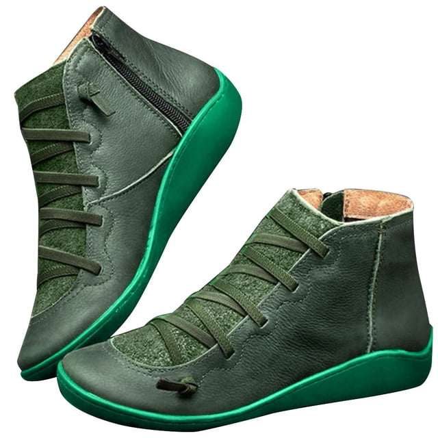 Leozcaa Fall Ankle Boots for Women Arch Support Boots Fashion Lace Up Side Zipper Short Slip On Booties