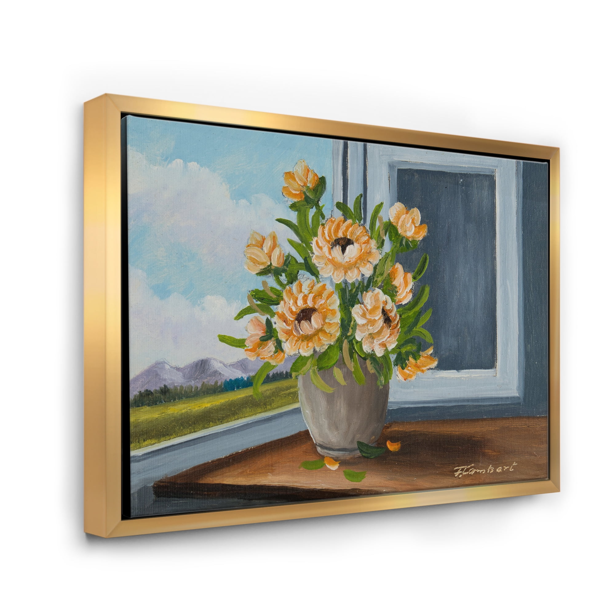 Designart 'Still Life With Orange Flowers In Vase At The Window' Traditional Framed Canvas Wall Art Print