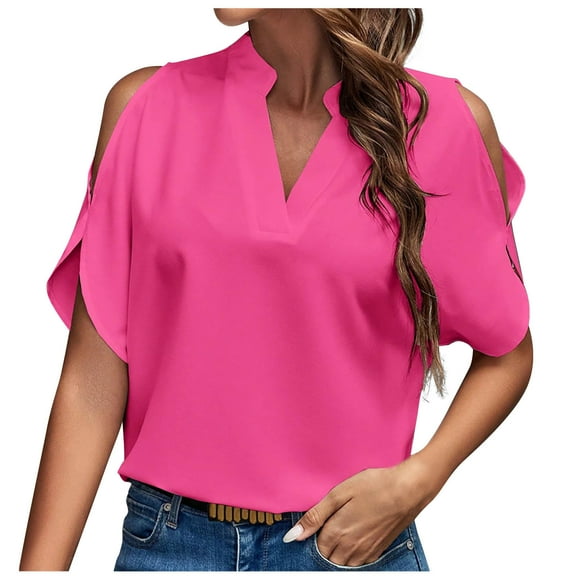 Staron Women's Off Shoulder Top Short Sleeve V Neck Casual Blouse Loose Party Vacation Holiday Shirt, Hot Pink L