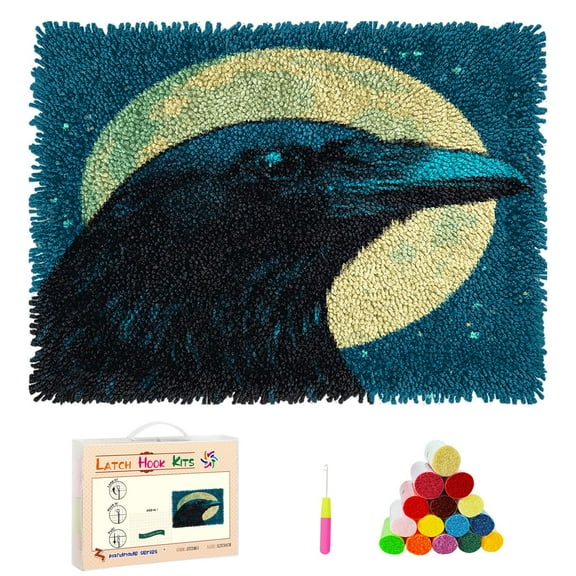 DIY Latch Hook Rug Kits Black Raven with Night Moon Stamped Non-slip Mat Crocheting Yarn Hook and Latch Emboridery Tapestry for Home Floor Decor and Pet Warm Cushion 52x38cm(3)