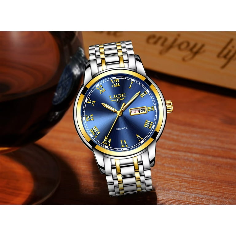 LIGE Quality Mens Watches Luxury Quartz Analog Watch Business Date Wristwatches  for Women Men Silver-Gold 