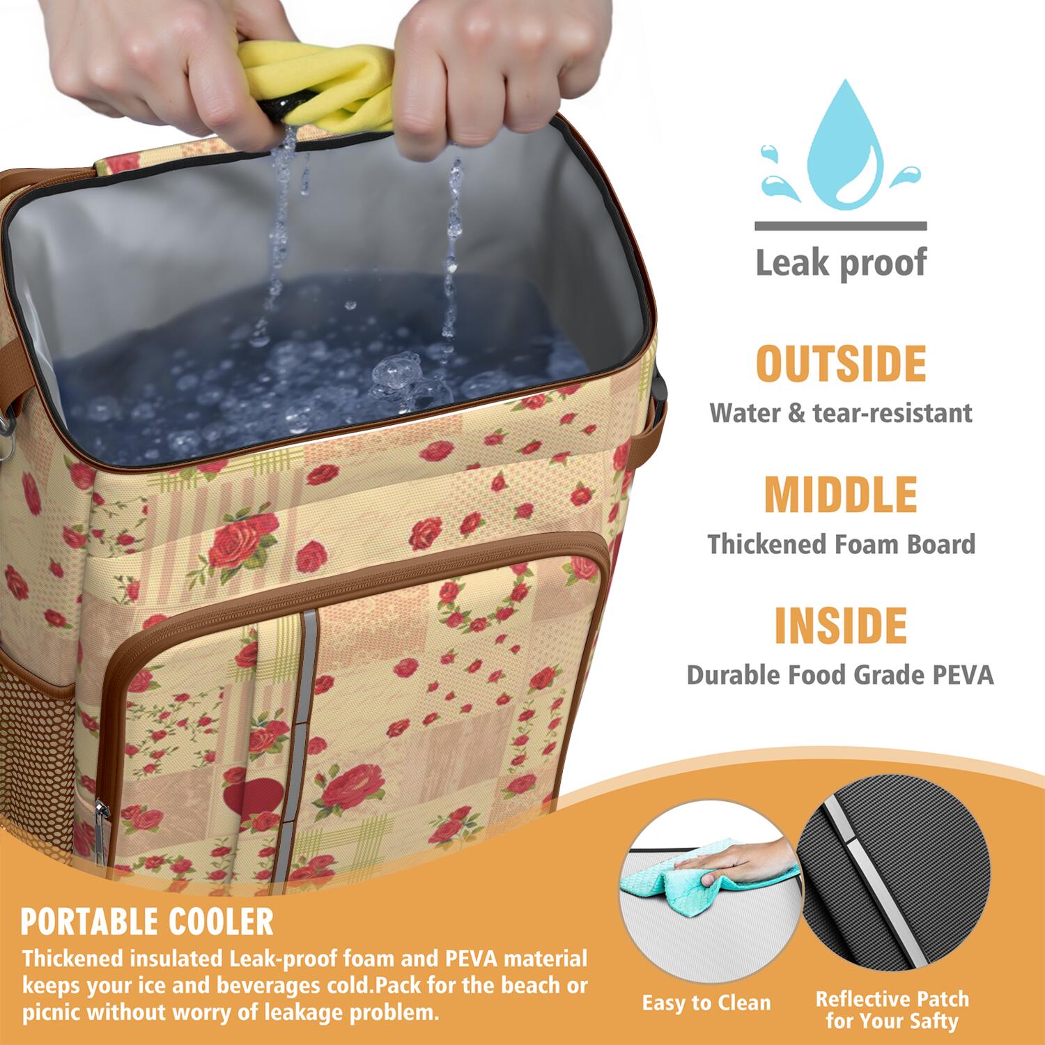 Travel Cooler Bag - Pioneer Flower Floral Print Pattern Camping Beer Cooler Backpack with Bottle Opener- Waterproof Insulated Picnic Backpacks - Cooler Bag for Beach
