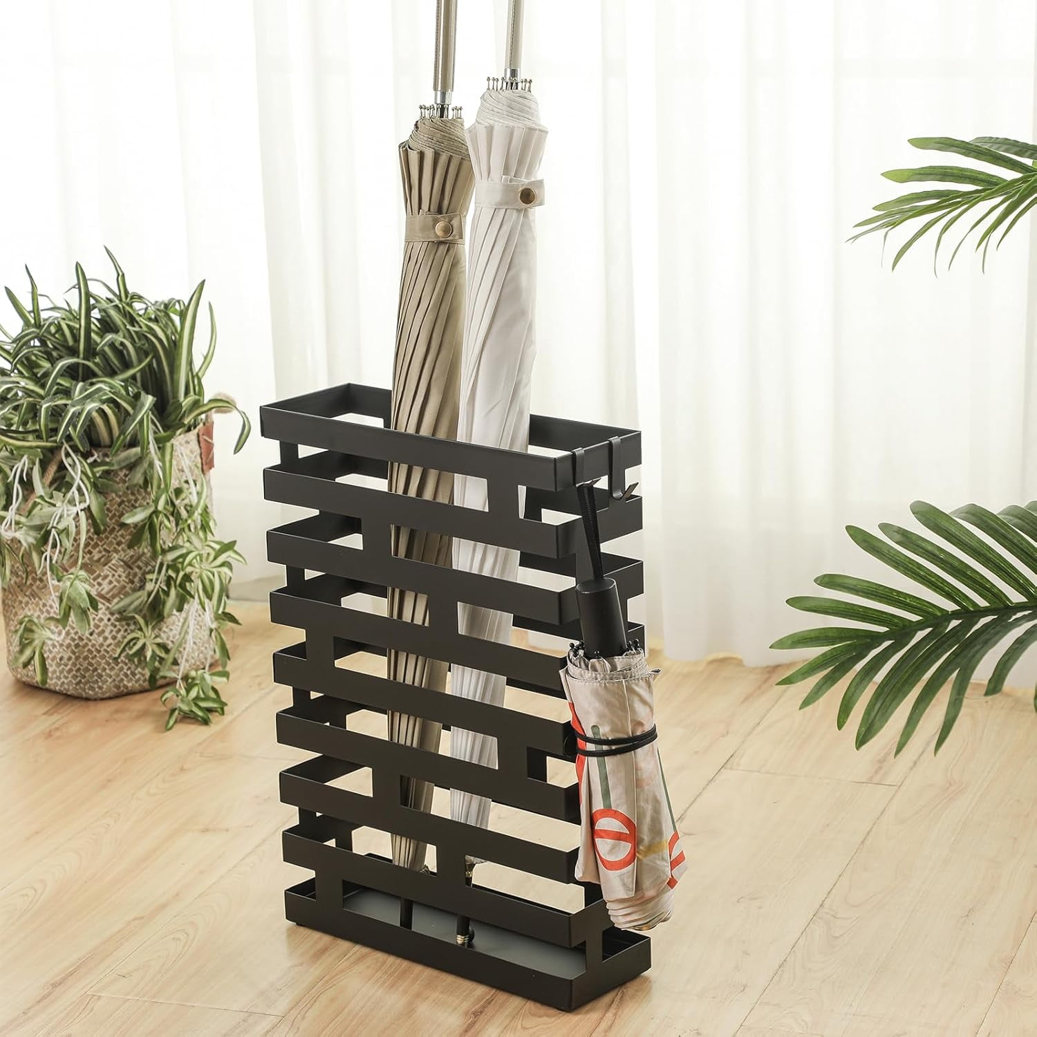 Umbrella Stands for Entryway Large Metal Umbrella Holder 3.94 x 11.81 x 16.93 Inches with Removable Water Tray and Hooks Decor Freestanding Rectangular Hollow Rack for Home Office (Black)