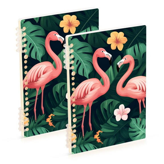 FORMRS 1-Subject Spiral Notebook 8" x 5" College Ruled 60 Refillable Sheet A5 Hard Cover, 2 Pack, Flamingo Leaves Pattern