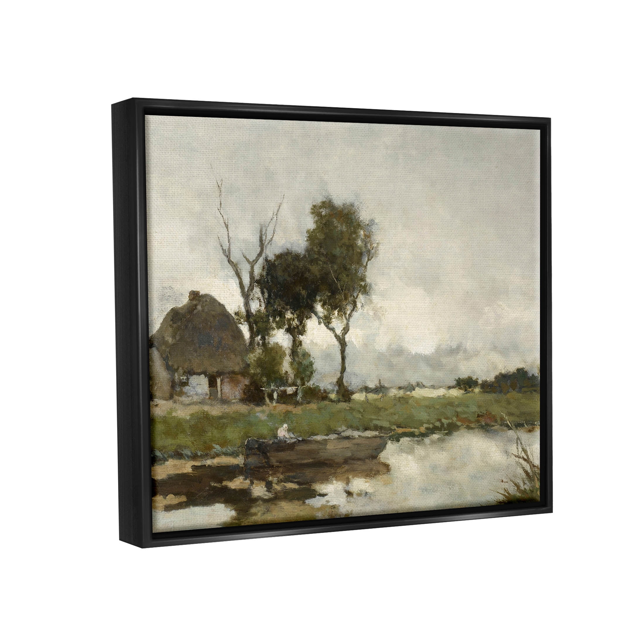 Boat on River Classic Scene Landscape Painting Jet Black Framed Art Print Wall Art