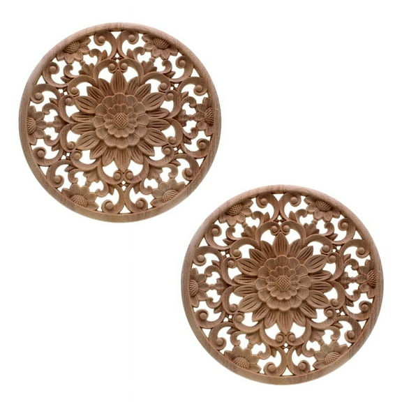 2X Carved Flower Carving Round Wood Appliques for Furniture Cabinet Unpainted Wooden Mouldings Decorative 15X15X2cm