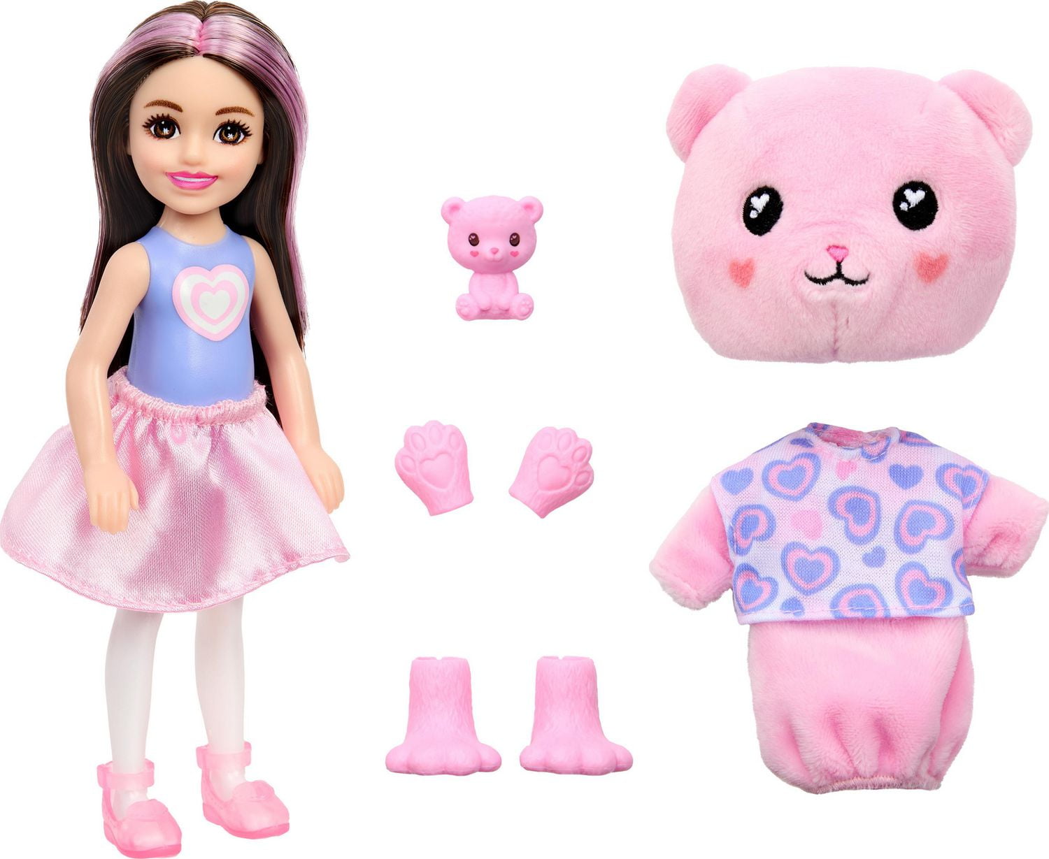 Barbie Cutie Reveal Cozy Cute Tees Series Chelsea Doll & Accessories, Plush Teddy Bear, Brunette Small Doll