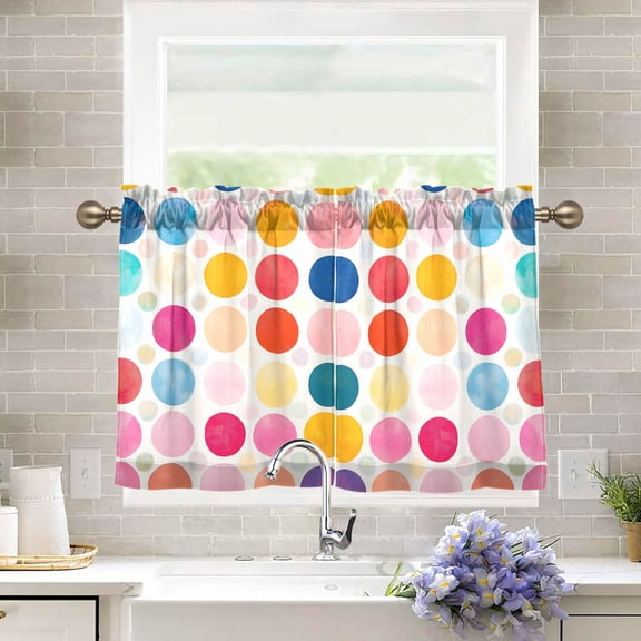 Yayeee Kitchen Curtains Tier Pair Light Filtering 27"x36" Rod Pocket Short Cafe Window Panel, Colorful Circles