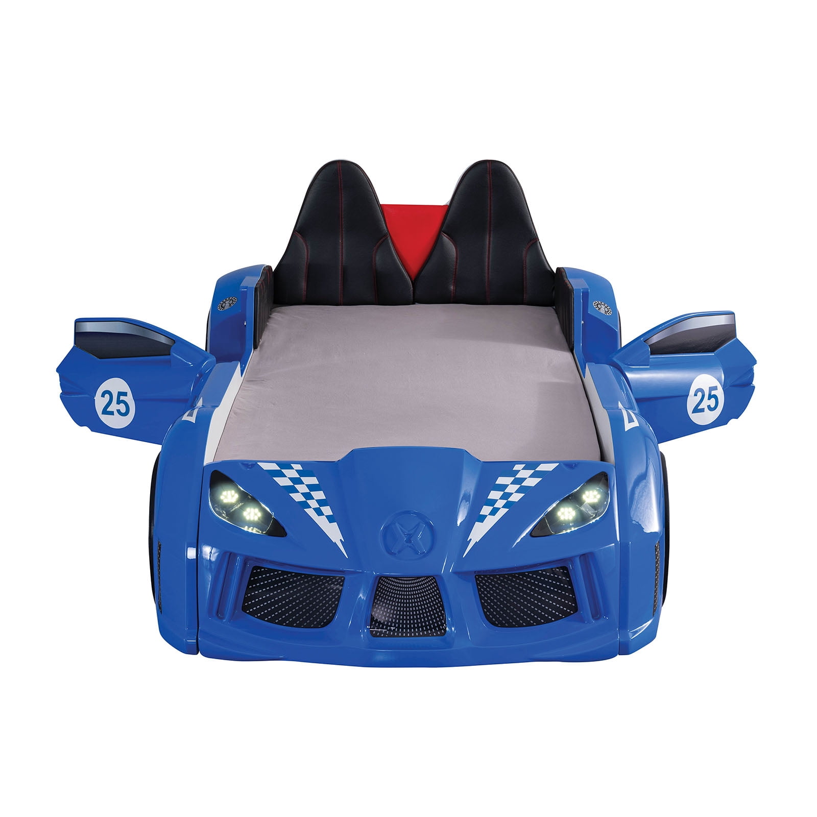 Twin Size Bed Race Car Design Modern Novelty Style Attached Two Magnetic Doors With LED Lights On Wheels Bottom Upholstery HB Blue Finish