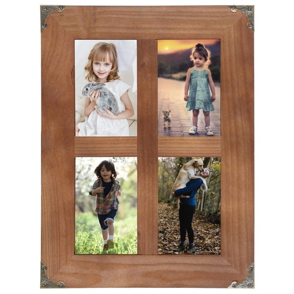 4x6 picture frames collage, Window Pane 4 Opening 4x6 picture frame with Decorative Metal Corners for Table Top Display and Wall mounting Photo Frame (Brown, 16.2x12.2 inch)