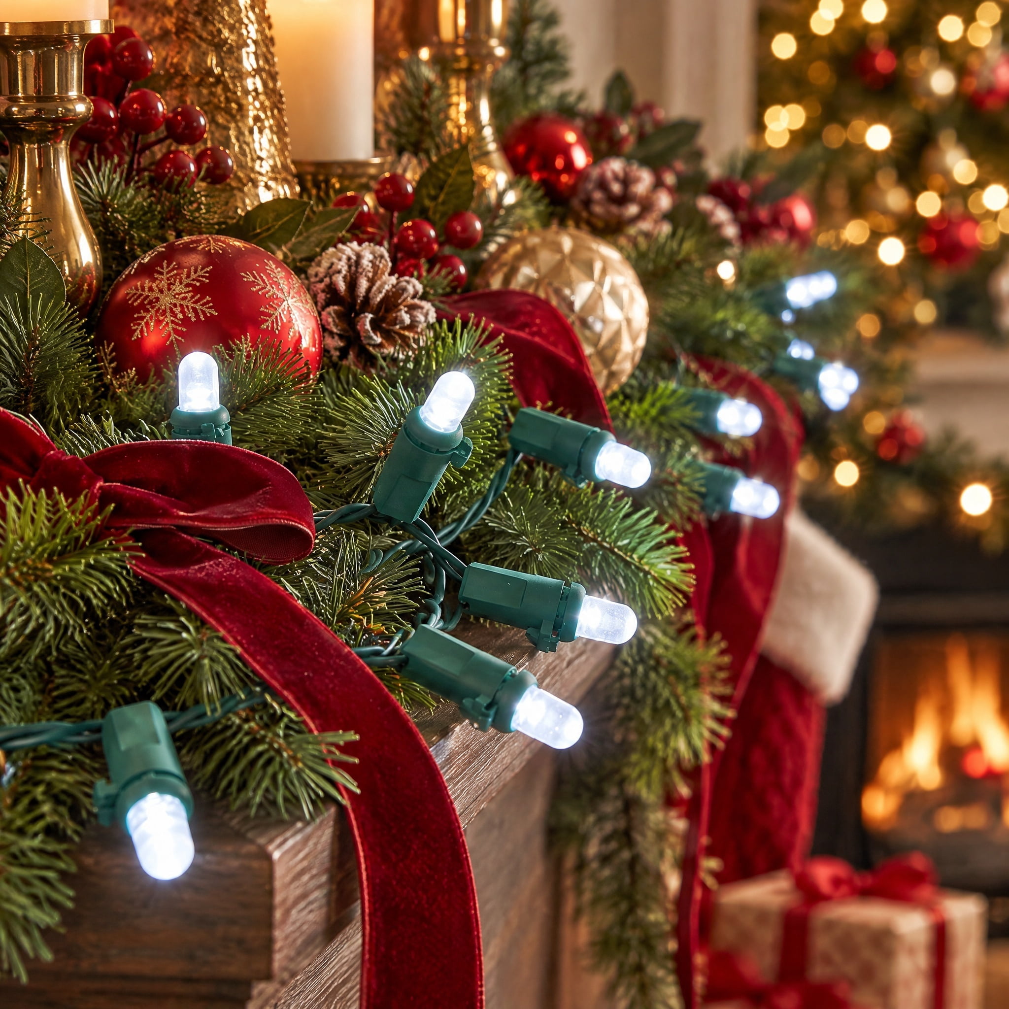 Indoor/Outdoor 240-Count LED Dome Christmas String Lights, Cool White, Green Wire, 47', by Holiday Time