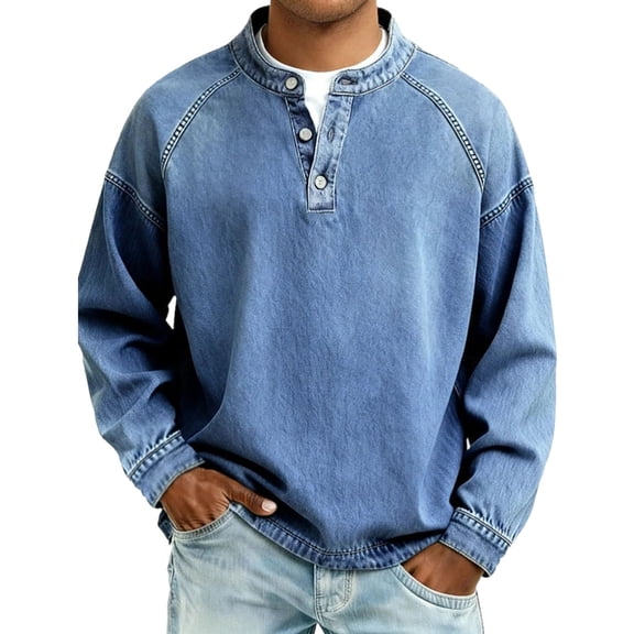 Jerdar Men's Denim Shirt Stand Collar Henley Button Vintage Washed Faded Distressed Solid Color Long Sleeve Casual Spring Fall Retro Top Henley Long Sleeve Shirts for Men