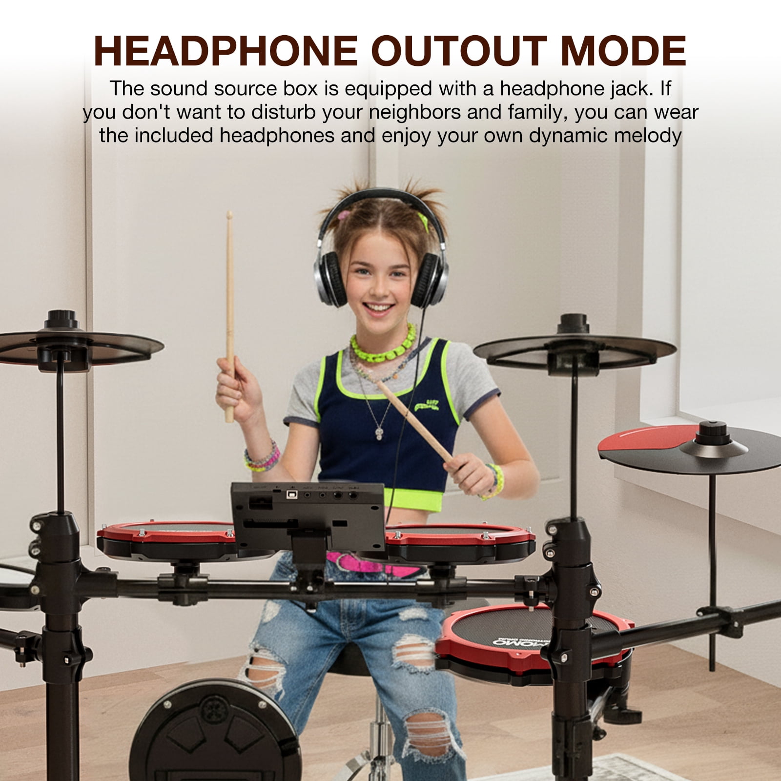UMOMO UMD-772 Electric Drum Set, Electronic Drum Set With Mesh Electric Drum Pads, 225 Sounds, Drum Sticks, Headphones & Audio Cables, Stable Steel Frame, 15 Drum Kits, for Beginner, Red & Black