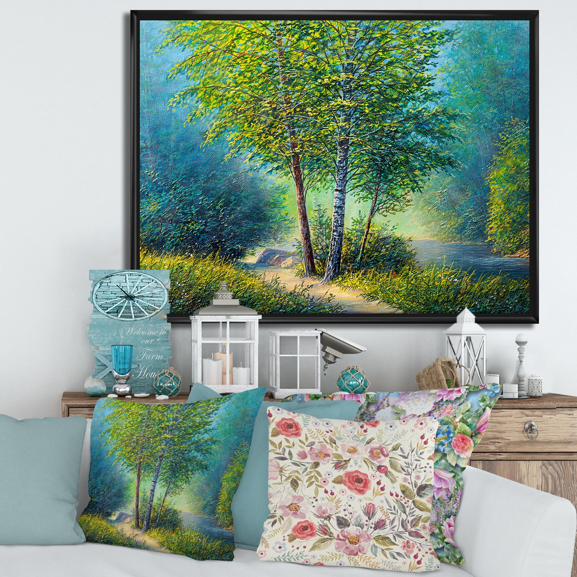 Designart 'Three Vibrant Green Trees By The River' Lake House Framed Canvas Wall Art Print