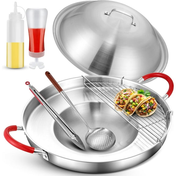 Stainless Steel 20" Mexican Comal Griddle Pan, 7Pcs Discada Disc Cooker, Large Cookware Set, Domed Lid, Cooking Rack, Tongs, Shallow Colander and 2 Squeeze Bottles, Disco Para Cocinar